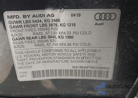 2019 Audi Q5 45 Premium из США, поврежденный, VIN WA1BNAFY8K2096443